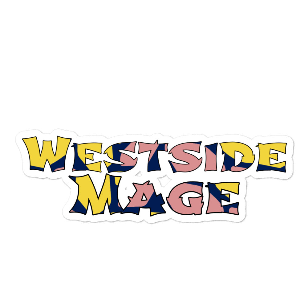 Sticker with the word westside as the top line and the word mage as the bottom line. Both words are filled with the colors yellow, navy and peach in a random blocked fashion. The font is similar to the font Chinese food take out boxes.